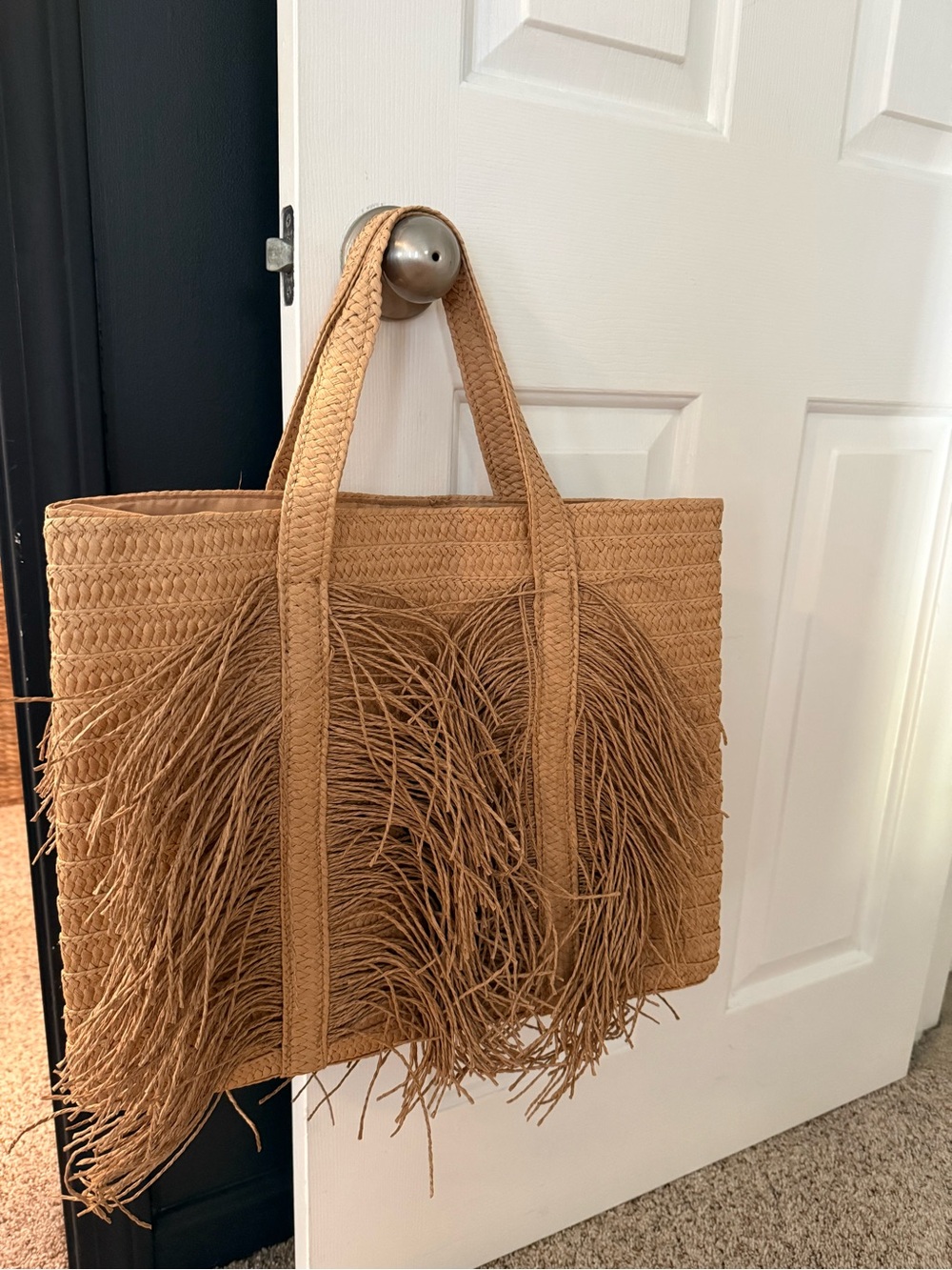 Woven Fringe Tote Bag - Tan